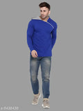 Blue cotton blend solid hoodie for men, long sleeves and solid pattern. Size S (38in chest, 26in length), M (40in chest, 27in length), L (42in chest, 28in length), XL (44in chest, 29in length). Made in India