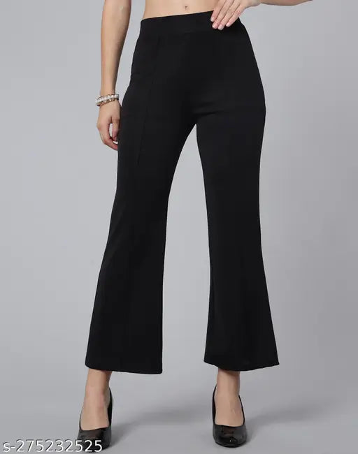 Black Lycra bell bottom trousers by Selvia for casual wear, comfortable and versatile
