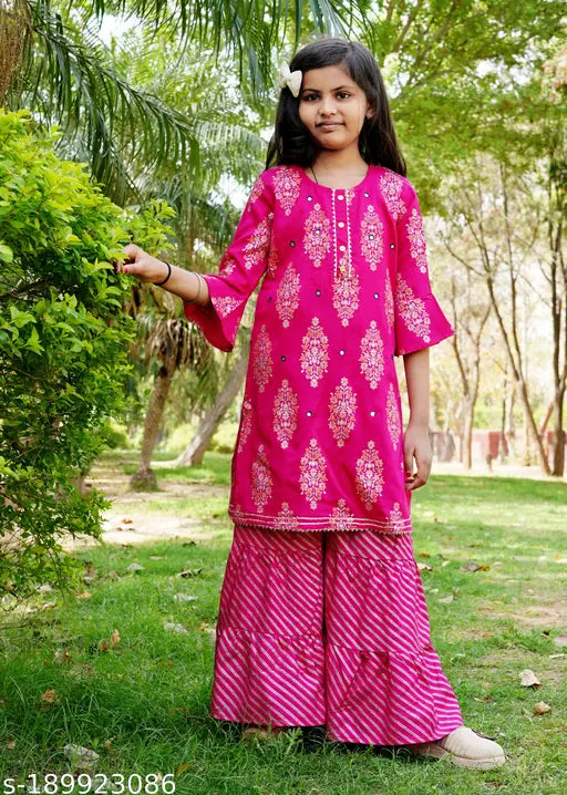 Rayon kurta set for kids with art silk dupatta, printed design, three-quarter sleeves. VNSAGAR Kids Kurta Set, India origin