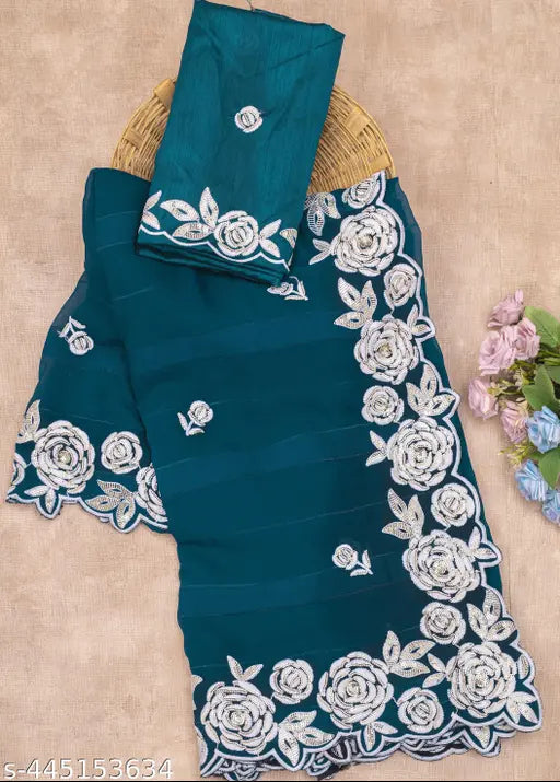 Radiant floral sequinned Georgette sari with satin blouse, intricate thread work and embroidery, perfect for special occasions, Indian origin