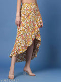 Yellow crepe, printed net, high-low wrap-style A-line skirt. Elastic waist. OOMPH Women's floral design from India