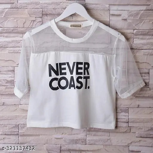 White cotton crop top with unique Never Coast print and net detail, suitable for women under 99 inches by Istyle Can