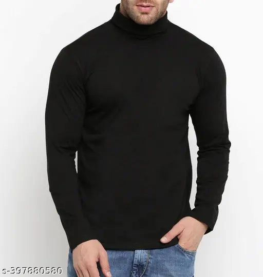Classy, graceful men's long-sleeve cotton blend t-shirt. Soft, breathable, and high neck design for a chic look in cold weather