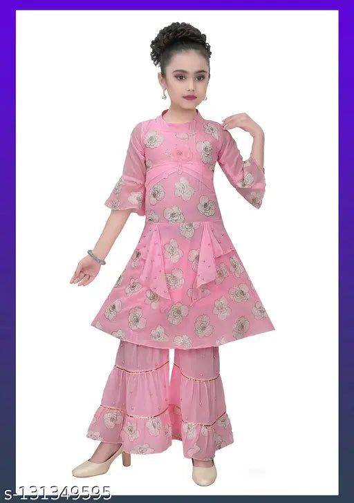 Premia chiffon A-line Kurta and Sharara set for festive wear in printed pattern, three-quarter sleeves, suitable for 3-9 year olds, Indian traditional outfit