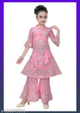 Premia chiffon A-line Kurta and Sharara set for festive wear in printed pattern, three-quarter sleeves, suitable for 3-9 year olds, Indian traditional outfit