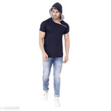 Blue cotton blend short sleeves hood t-shirt by Tfurnish