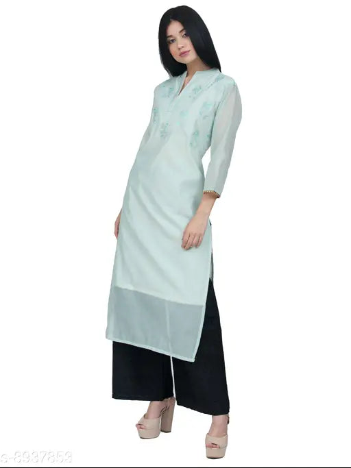 Blue Chanderi silk A-line floral embroidered kurti, three-quarter sleeves, Indian women's fashion