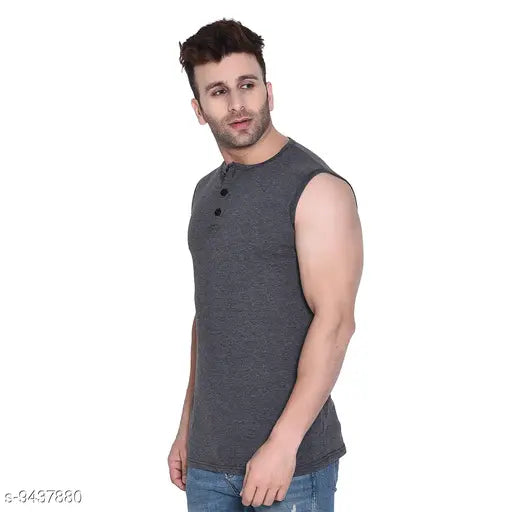 Grey Melange cotton blend sleeveless Geum Men's Self-Design Henley T-shirt, high-quality premium fabric for casual wear, 100% pure combed cotton, perfect fit & comfort, trusted brand online, made in India