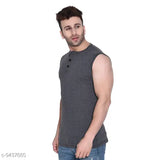 Grey Melange cotton blend sleeveless Geum Men's Self-Design Henley T-shirt, high-quality premium fabric for casual wear, 100% pure combed cotton, perfect fit & comfort, trusted brand online, made in India