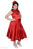 Red satin maxi gown dress for girls party wear, solid pattern, 3-4 years size