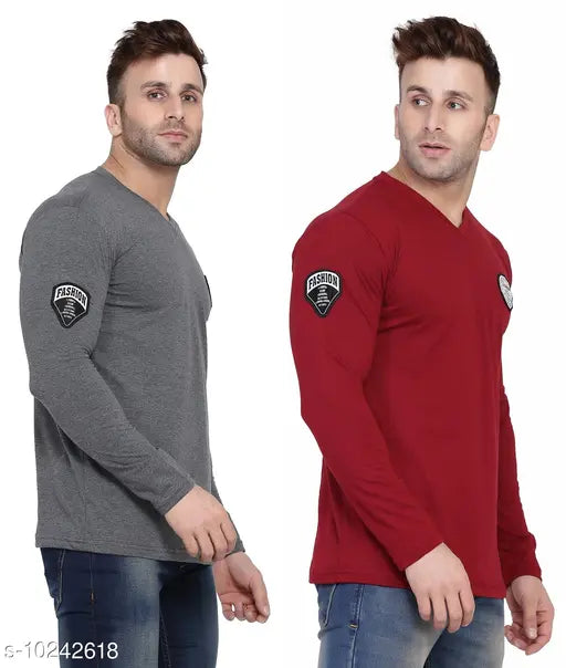 Multicolor cotton blend long sleeve V-neck t-shirt with solid pattern, available in sizes S to XL