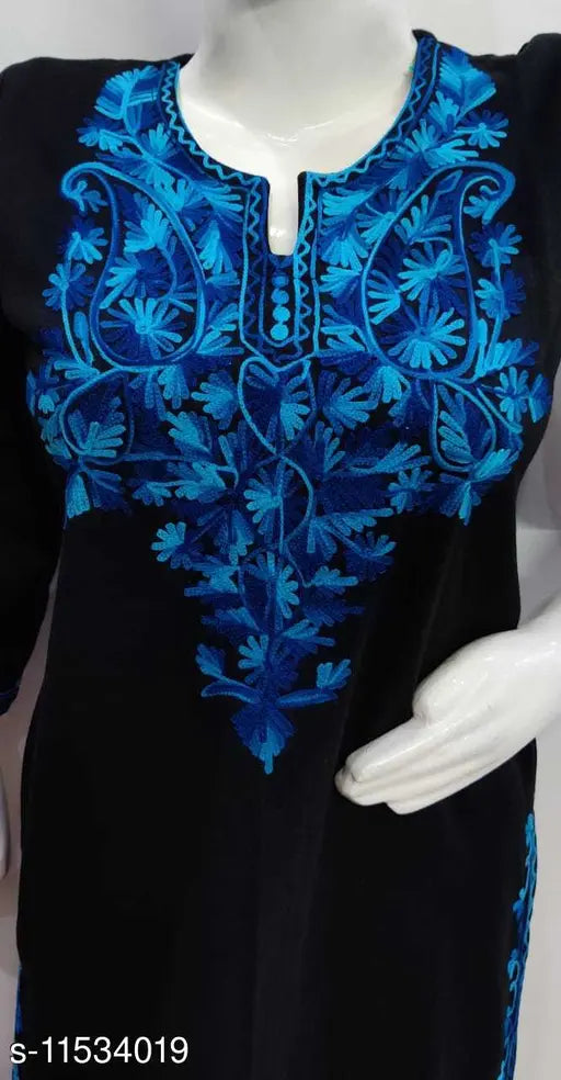Black wool A-line printed kurti, three-quarter sleeves, women's fashionable Indian wear