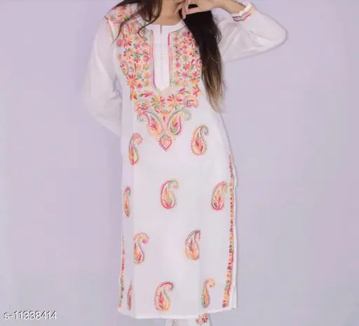 Cotton Chikankari Kurti, three-quarter sleeves, intricate embroidery on women's fashion from India