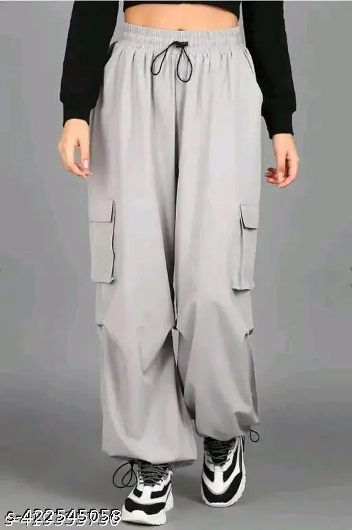 Solid polyester cargo pants for women (S, M, L, XL), made in India