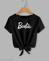 Black lycra crop top with Barbie print for women, short sleeves and trendy round neck