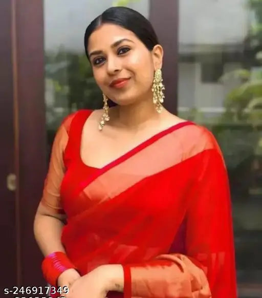 Indian traditional Chiffon saree with Dupion Silk blouse, intricately embellished, free size, length 5.3m