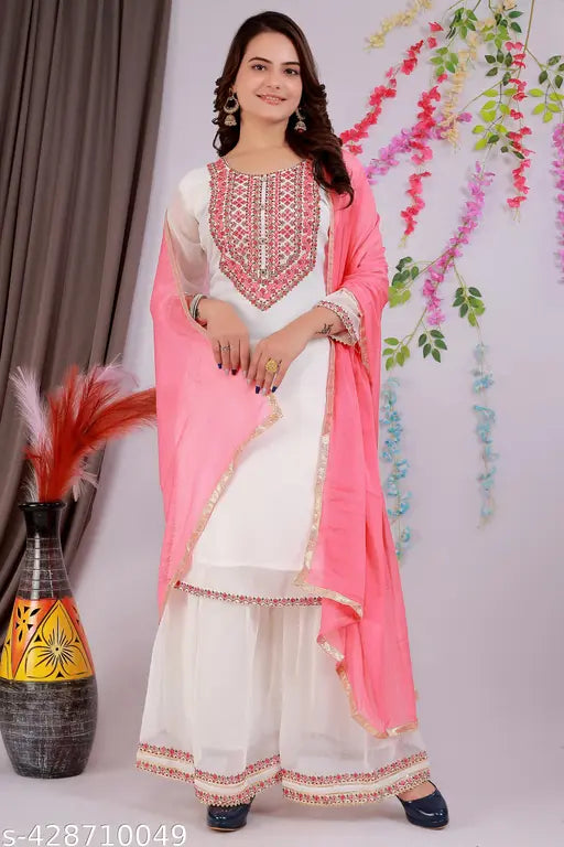 60g Georgette Embroidered Kurta Set with Dupatta and Sharara Pants - Indian Party Wear