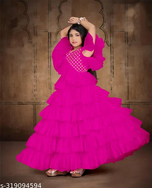 new stylish designer Gillkart girls gown, net with short sleeves, sizes 5-16 years, Indian origin