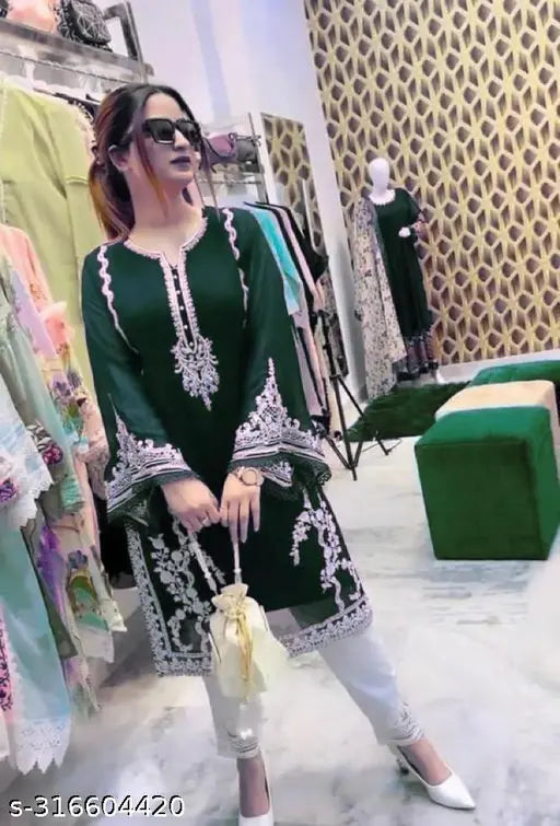 Green Georgette Salwar Suit Set with heavy embroidery, full-sleeved top and white pants, Indian designer clothing