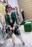 Green Georgette Salwar Suit Set with heavy embroidery, full-sleeved top and white pants, Indian designer clothing