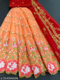 Embroidered semi-stitched dupion silk & net lehenga choli with cutwork border, free size, India