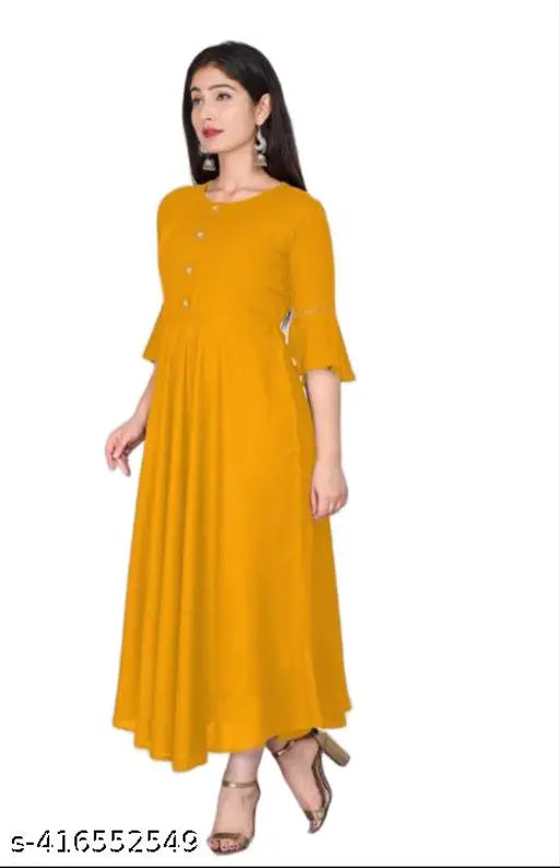 Yellow rayon Anarkali kurti with bell sleeves, single color Indian women's fashion on hanger