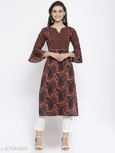 Indibelle cotton coffee brown abstract print straight kurta, rayon, three-quarter sleeves, solid combo with contrast yoke and bell sleeves, v-neck, calf length, straight hemline