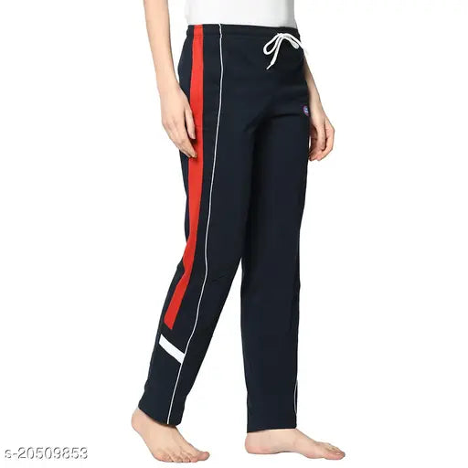 Women's solid straight-fit blue cotton blend trousers, size 32 (waist 30in, length 38in), made in India