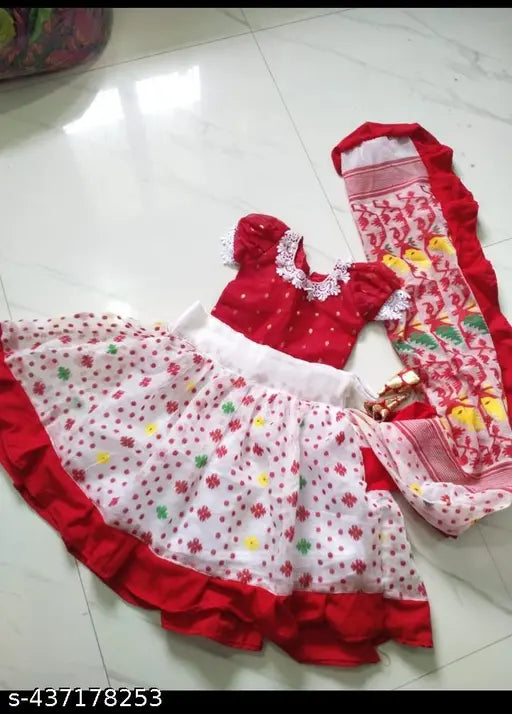 New Trending Jamdani cotton silk lehenga choli for baby girl with short sleeves, ethnic motif pattern and stitched net detail, 3-4 years size