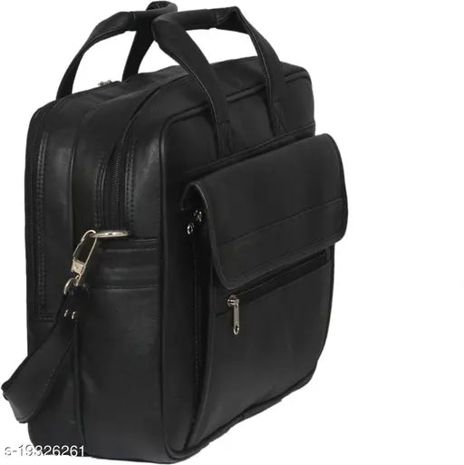 Black leather men's messenger bag by Kim Bag House, featuring 2 compartments and free size (13"x10"x13"). Made in India