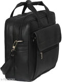 Black leather men's messenger bag by Kim Bag House, featuring 2 compartments and free size (13"x10"x13"). Made in India