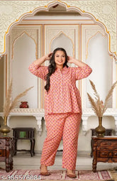 Pink cotton floral shirt nightsuits pack of 2, stylish women's sleepwear with printed designs, comfortable and soft, Indian-made