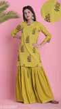 Cotton floral printed A-line kurta with sharara, three-quarter sleeves in XL, XXL. Indian women's ethnic wear