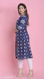 Cotton ethnic motif printed layered kurti for women, three-quarter sleeves in XS, S, L, and various sizes. Indian handloom fashion on display