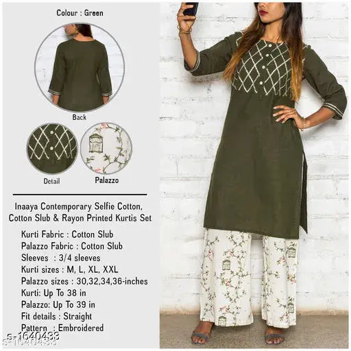 Cotton A-line embroidered long kurti with palazzos, Indian traditional women's outfit featuring embellished net pattern