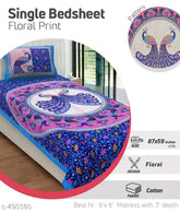 Designer cotton printed single bedsheet, 144 thread count, India origin, 87 in x 59 in bed, 27 in x 18 in pillow cover