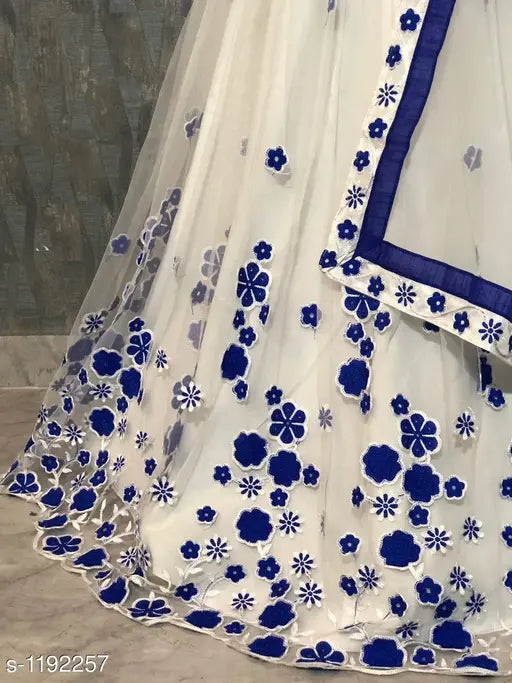 Versatile embroidered women's lehenga in net and Banglore silk, semi-stitched with solid dupatta & lace border. Up to 44in waist