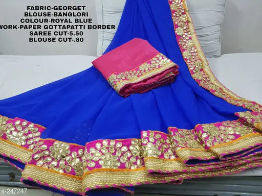 Stylish designer Georgette saree with Banglori silk blouse, Indian hand-embroidered in paper gota patti border, length 5.5 mtr and blouse 0.8 mtr