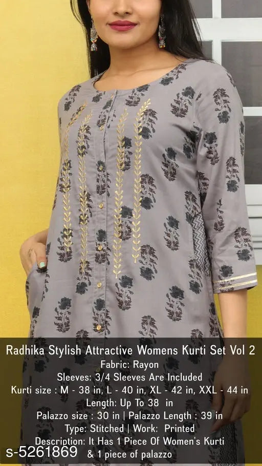Women's printed rayon kurta with palazzos, three-quarter sleeves, rayon fabric on fashion mannequin