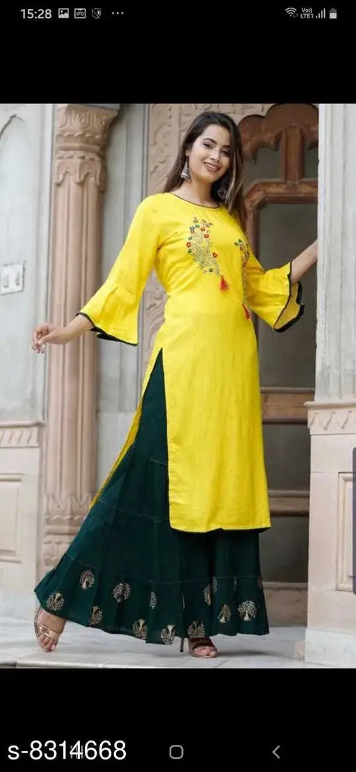 Rayon Slub embroidered kurta set with sharara, Indian women's traditional attire for special occasions