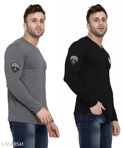 Grey melange cotton-blend long sleeved self-design V-neck T-shirts for men, pack of 2 on display rack