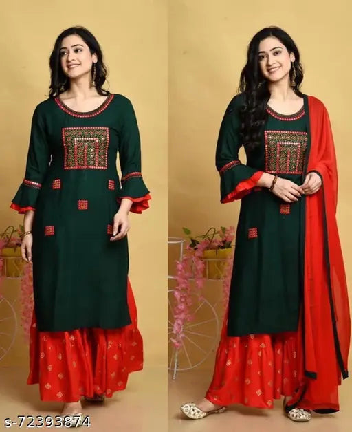 Rayon Chitrarekha Petite Women's Set: Embroidered net sharara with dupatta & bottomwear, three-quarter sleeves. Indian ethnic wear for S-XXXL sizes