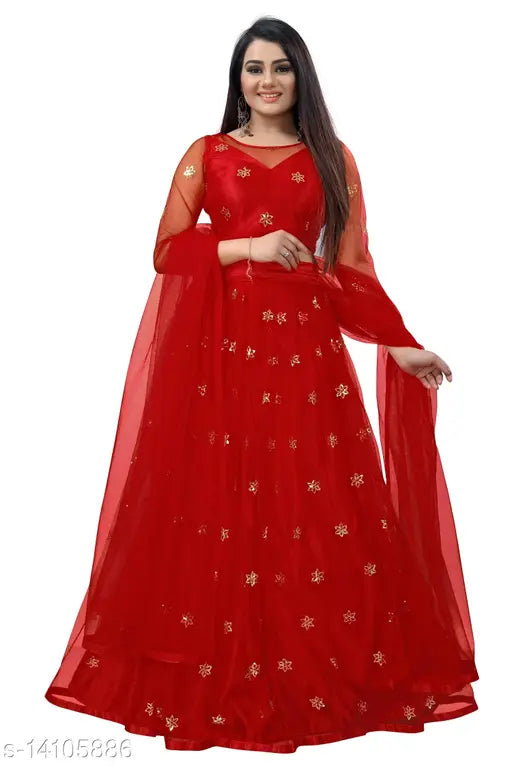 Embroidered satin lehenga set with net dupatta, free size, Indian origin