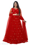 Embroidered satin lehenga set with net dupatta, free size, Indian origin