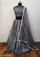 Silk & net petite women's lehenga with embroidered dupatta, Indian semi-stitched outfit (LW42-DL2.1m)