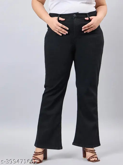 Black plus size boot cut jeans, women's cotton net stretchable high rise from Style Quotient