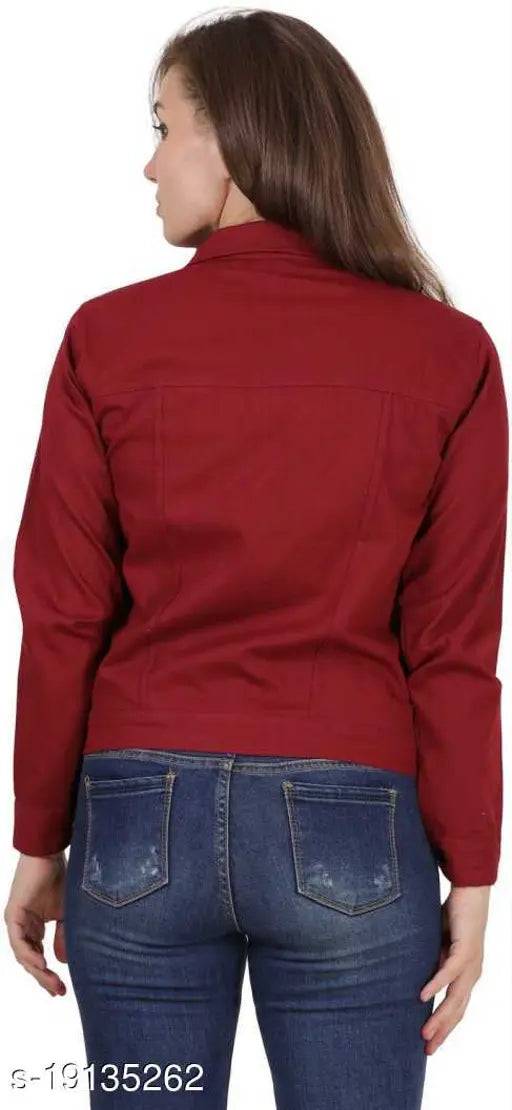 Maroon denim jacket, solid pattern, long sleeves, size S, India-made