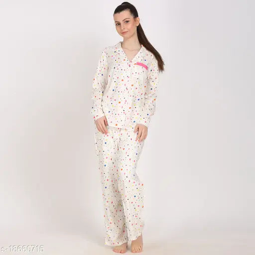 Women's star moon print white rayon loungewear set - XS (bust 40in, length 23in), S (bust 41in, length 24in), M (bust 42in, length 24in), L (bust 44in, length 24in), XL (bust 46in, length 24in) - rayon pyjamas and shirt set with long sleeves, star and moon print