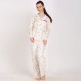 Women's star moon print white rayon loungewear set - XS (bust 40in, length 23in), S (bust 41in, length 24in), M (bust 42in, length 24in), L (bust 44in, length 24in), XL (bust 46in, length 24in) - rayon pyjamas and shirt set with long sleeves, star and moon print