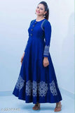 Royal blue rayon Rakul Preet Singh gown, printed full-length fashion dress on display